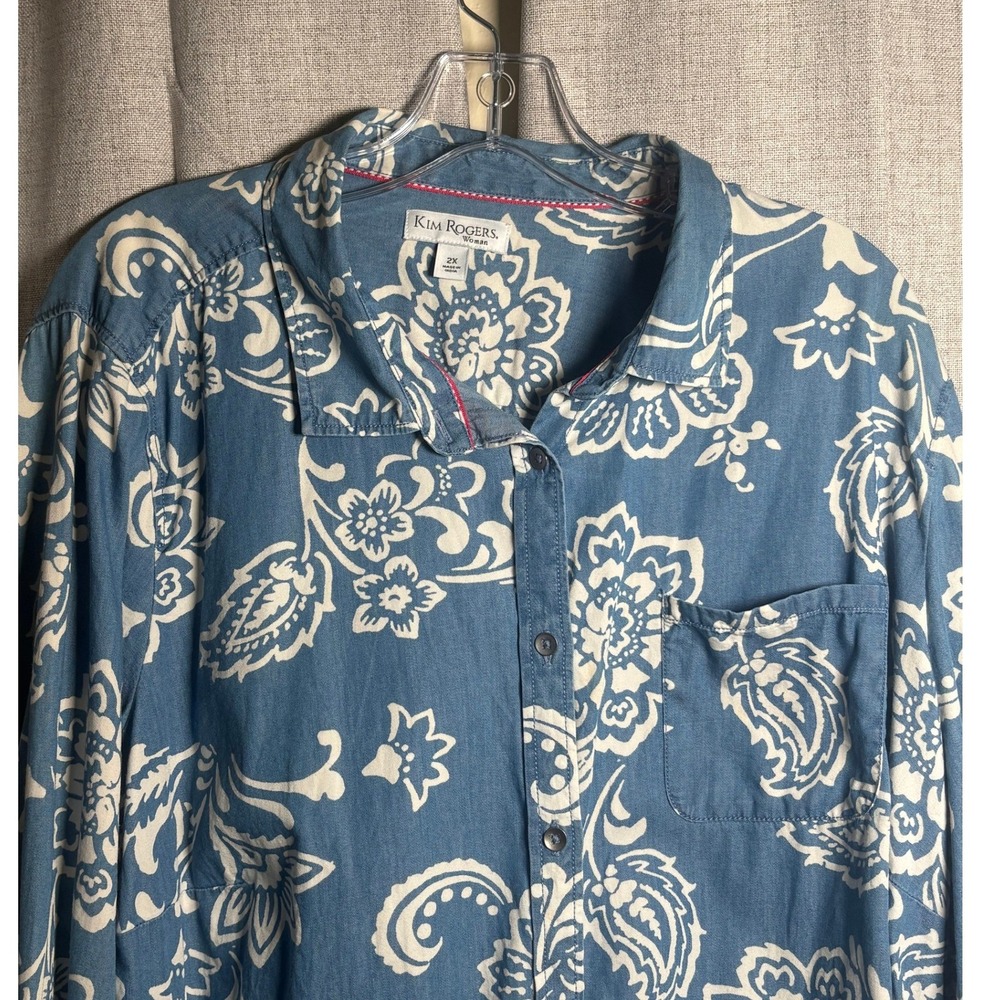 Kim Rogers Woman Blue Floral Paisley Button Front Top 2X Roll Tab Sleeve